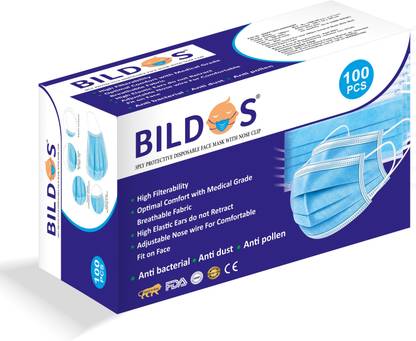 बिल्डोस 3 Layer mask pack of 100 Disposable masks क्लॉथ मास्क