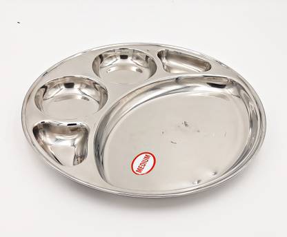 SHLINCO Stainless Steel Round Plate - 4 Partition Divided, Lunch/Dinner/Bhojan/Thali Plates - 1 Unit - Diameter - 30 cm Sectioned Plate
