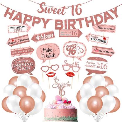 ZYOZI Sweet 16 Birthday Decorations with Photo Booth Backdrop and Pre-assembled Props –, Rose Gold Sweet 16 Decorations, 16th Birthday Party Supplies ,16 Happy Birthday Banner, Cake Topper, Balloons (PACK OF 43)