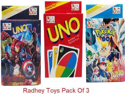 Radhey Toys Pokemon .Avengers and Red Uno family Card Pack Of 3