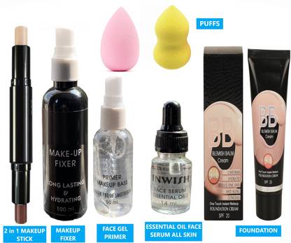 INWISH primer concealer foundation face serum makeup fixer and puff combo set PACK OF 7