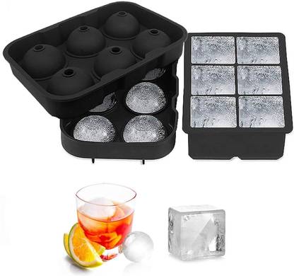AlexVyan Ice Cube Trays (Set of 2), Silicone Sphere Whiskey Ice Ball Maker with Lids & Large Square and Round Ice Cube Molds for Cocktails & Bourbon - Reusable & BPA Free Black Silicone Ice Ball Tray