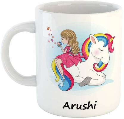 SHREENKRAFT Cute Girl Sitting On Unicorn, Arushi Name Printed Ceramic Coffee Ceramic Coffee Mug