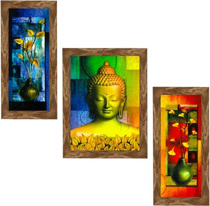 Indianara Set of 3 Gautham Buddha Framed Art Painting (3189WNT) without glass (6 X 13, 10.2 X 13, 6 X 13 INCH) Digital Reprint 13 inch x 10.2 inch Painting