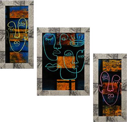 Indianara Set of 3 Abstract Faces Framed Art Painting (3246MW) without glass( 6 X 13, 10.2 X 13, 6 X 13 INCH) Digital Reprint 13 inch x 10.2 inch Painting