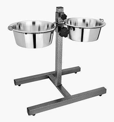 Rvpaws Designer Diner Adjustable Elevated Pet Feeder Raised Dog Bowls Dog Feeding Station H-Base Double Bowl Stand Two Stainless Steel Removable Bowls 2 X 2.75 litres -12 Cups per Bow - (Extra Large) Round Stainless Steel Pet Bowl