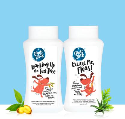 Captain Zack Combo |Barking Up The Tea Tree-200ml+Excuse Me Fleas-200ml Dog Shampoos for Anti-Bacterial & Anti-Dandruff & Protects Against Fleas,Ticks & Maintains Overall Skin Health Anti-microbial, Anti-dandruff Artificial Fragrance Dog Shampoo
