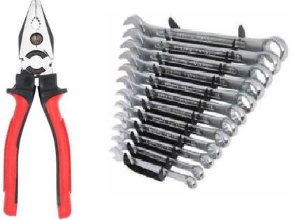 vyas 8"inch Heavy Duty Grip Multipurpose Combination Pilash Plier Hand Tools Lineman Plier (Length : 8 inch) And 12 pcs Long Combination Spanner Set. Wrench Set/Spanner Set Tools kit/Set of 12 Piece/Tools kit for Home use. - Professional Spanners_5 Heavy Duty Eliptical Combination Spanners 12 Pcs. Set with Hanging Tray_5 Double Sided Combination Wrench Hand Tool Kit