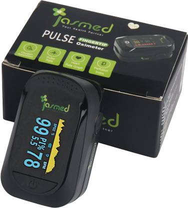 jasmed Pulse Oximeter Fingertip, Blood Oxygen Saturation Monitor with Four Color TFT Screen Heart Rate and SpO2 Levels Meter 99.9% accuracy [AAA Battery Included] Pulse Oximeter