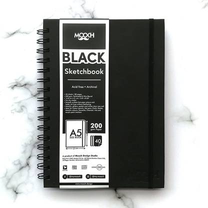 MOOCH Wiro Black, A5 Size, 200 GSM Russian Black Paper, 80 Pages (40 Sheets) Sketch Pad