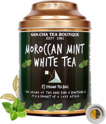 SANCHA Moroccan Mint White Tea|25 Pyramid Tea Bags|Tea for Sleep|PCOS & PCOD Mint White Tea Bags Tin