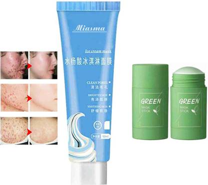 MIASMA Combo pack of one face salicylic ice cream mask acne moisturizing smear mask moisturizing,cleansing & shrinking pores face skin care ,ideal for men & women + high quality green mask stick for men & women