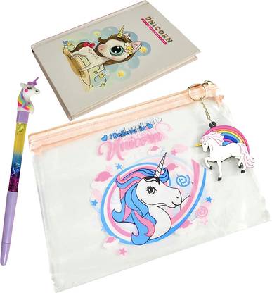 13House Unicorn Combo Set Girls Kids/ Unicorn Diary with Pen, Stylish Cute Mini Pocket Diary, Unicorn Wallet, Stationary Clear Folder Pouch Pencil Box Organizer case School Supplies best return gift