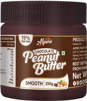 ALPINO Chocolate Peanut Butter Smooth 250 G | Made With High Quality Roasted Peanuts, Cocoa Powder & Choco Chips | 20% High Protein Peanut Butter Creamy | Non GMO | Gluten Free | Vegan |