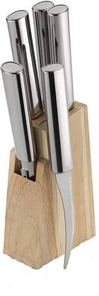 OM INDUSTRIES Stainless Steel Kitchen Knife Set with Wooden Block Knife Set for Kitchen with Stand | Knife Holder for Kitchen with Stainless Steel | 1 Peeler | 4 Pcs Knife | Knife Holder Kitchen Tool Set