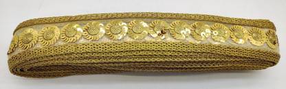 FANCY MOTI LACE EMBROIDERY DESIGNER LACE , BEAUTIFUL SEQUENCE ROUND BUTA WORK WITH SIDE BORSER ZARI BORDER LACE ( GOLDEN / METER - 9 / PACK OF 1 PCS) Lace Reel