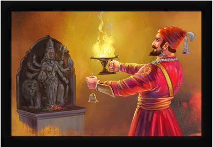 YAKSHU ENTERPRISES Chhatrapati Shivaji Maharaj praying Maa Bhavani Photo Frame Digital Reprint 19.5 inch x 13.5 inch Painting