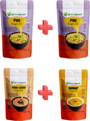 STAGMO Ready to Eat Breakfast Poha Combo | 2 Poha 100g x 1 Peanut Chutney 50g x 1 Sambar 50g 300 g