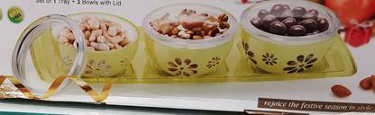 raj plastics joyo fantacy dry fruit servers set of 1 tray +3 bowls with lids Bowl, Plate Serving Set