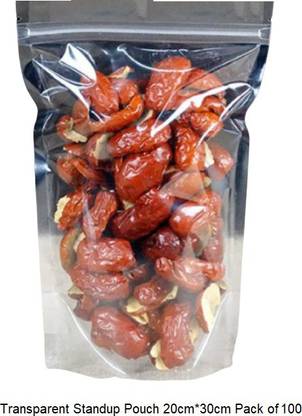 Chandrodaya Packagings Transparent Standup Pouch 20cm*30cm Food Bags with Ziplock, Pack of 100 Plastic Storage Pouch