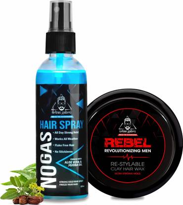 urbangabru Combo Hair Styling Kit - Rebel Hair Styling Clay Wax (85 Gram) for 100 Times Re-Styleable and Unlimitied Strong Hold No Gas Hair Spray (100 ml)
