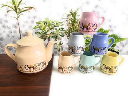 HEART STEALER Pack of 7 Ceramic Creative Hand crafted Kettle Tea Pot with 6 Cups | Coffee Pot | Tea Pot with Lid- Excellent Printing