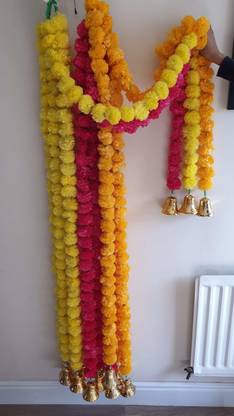 Ecozias Hanging Bells Garlands Artificial Flower Toran, Garlands for Office, Home, Diwali, Navratri Decoration Pack of 5 Red Color 5ft Each Layer With Big Bell 3x2.5Inch Genda Fool For Home Diwali Decoration Marigold Flower fabric Garland
