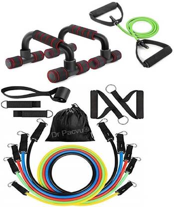Dr Pacvu Body Workout Sports Equipment’s | Pack of 3 Workout COMBO | Athletes CHOICE Body Fitness | 1x 11 in 1 Resistance Band | 1x Pushup Bar Stand For Dips | Exercise Kit | 1x Single Band Toning Tube |Gym Training, Home Exercise, TRUSTED by DR. Fitness Accessory Kit Kit