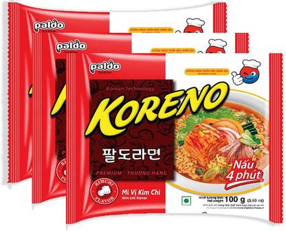 Paldo Koreno Kimchi Flavour Instant Korean Noodles- 100g (Pack of 3) (Imported) Instant Noodles Vegetarian