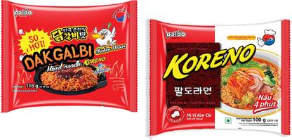Paldo Koreno Instant Korean Noodles- Kimchi Flavour- 100g and Dakbalgi Flavour - 118g (Pack of 2) (Imported) Instant Noodles Non-vegetarian