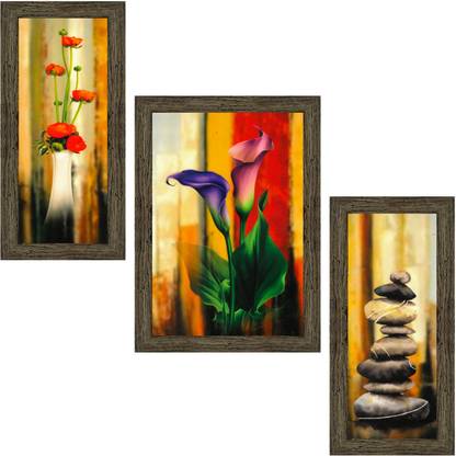 Indianara Set of 3 Flowers And Stones Framed Art Painting (3261EBY) without glass (6 X 13, 10.2 X 13, 6 X 13 INCH) Digital Reprint 13 inch x 10.2 inch Painting