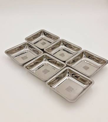 SHLINCO Steel Set of 6 Pcs Microwave Safe Plate for Chat/Snack/Appetizer/Pani Puri, Square Shape, (Silver , 6 Pcs) Quarter Plate