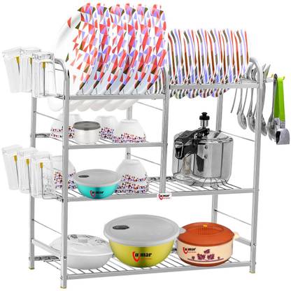 MAGS 4 LAYER Wall Mount Kitchen Utensils Rack Stainless Steel | Dish Rack with Plate & Cutlery Stand | Modular Kitchen Storage Rack |Dish Drainer Kitchen Rack Unique Design | Shelves and Racks Steel | Kitchen Organizer Plate Stand Utensil (24 x 24 inches) Stainless Steel Wall Shelf