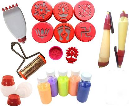 रिद्धि गोल्डन लाइन Rangoli Making kit- 6 Rangoli Stamp fillers, 2 outliner Pen (Double line),1 Galicha patta, 1 Rangoli Roller, 2 Rangoli fillers, 5 Rangoli Colour Bottles रंगोली स्टैंसिल