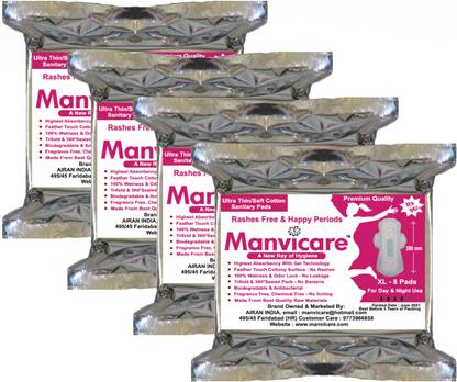 manvicare Anion Chip Ultra Soft Cotton Sanitary Pads - Size XL(regular) - 4 Packs - Total 32 Pads Sanitary Pad