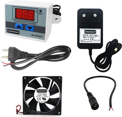 shockley electronics XH-W3001-50 to 110c Intelligent Digital Thermostat temperature controller combo (220V / 1500W) + FAN + MAINS POWER CORD + DC Female Jack + 12V 1Amp Adapter Temperature Sensor and Controller Electronic Hobby Kit