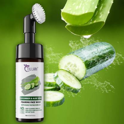 tillari Brightening Cucumber And Aloevera Foaming  with Built-In Face Brush Help for Cleanse Gentle ,Improve Skin Visibly(for Women and Men),150 ml Face Wash