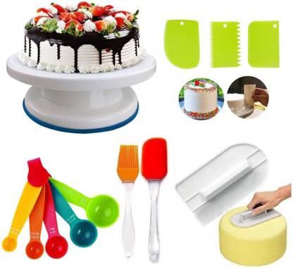 A क्लास cake combo केक टर्नटेबल, 5 मापने वाला कप, केक स्मूद, केक स्क्रैपर, ब्रश और स्पैटुला सेट बहुरंगी रसोई उपकरण सेट
