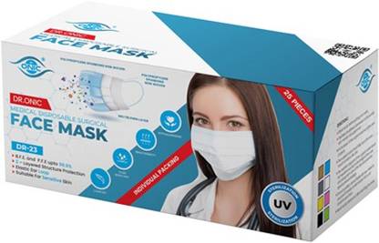 Dr.Onic 3 Ply Face Mask With Adjustable Nose Pin and Extra Comfort Earloop , Individual Packing 3 layer Disposable Face Mask With UV Sterilization DR-23 Water Resistant Surgical Mask With Melt Blown Fabric Layer