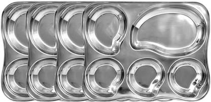 Aandhi Pack Of 4 High Quality Stainless Steel Dinner Plate || 5 in 1 Bhojan Thali With Mango Shape Compartments Sectioned Plate