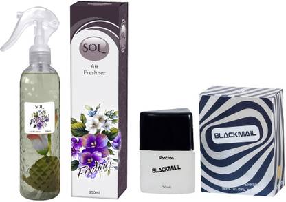 Sol Oriental, Jet Black Spray Firdaus Air Freshener with Blackmail 30ml Eau De Fabric Perfume - Combo Pack of 2 (280ml)