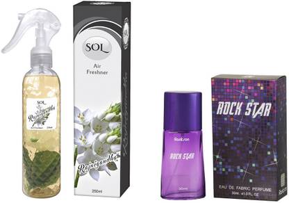 Sol Rajnigandha, Patchouli Spray Rajni gandha Air Freshener with Rock star 30ml Eau De Fabric Perfume - Combo Pack of 2 (280ml)