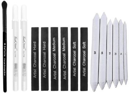 Definite Art White Paper Stump/Art Blender/Tortillons to Smudge or Blend Charcoal, Crayon & Graphite; 2 X White Pen 0.8mm Nib for reflection and highlighting effec; 6 X Compressed Charcoal Sticks and 1 X Smudger Blender Brush for Charcoal and Pastel Pencils