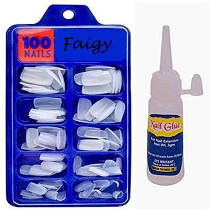 Faigy Artificial Nails Set With Glue Acrylic fake / False Nails Set Of 100 Pcs and Artificial Nail Glue 3gm, Reusable White