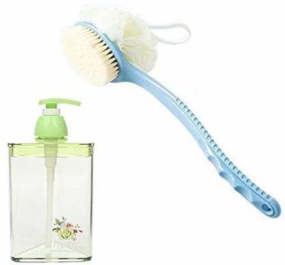 NOHUNT Bath Body Brush with Soft Loofah Comfortable Bristles Long Handle with Plastic Refillable 500ml (Liquid Soap/Sanitizer/Lotion/Shampoo) Triangle Transparent Bottle White Dispenser (Pack of 2)