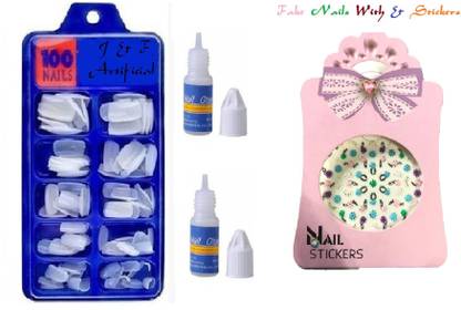 J & F 100 Pcs Reusable Fake Arylic Nails with 2 Glue And Nail Sticker Mix Design