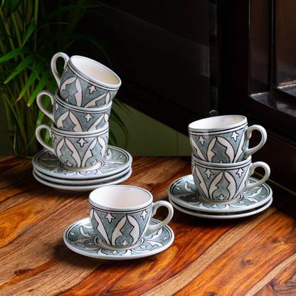 ExclusiveLane Pack of 6 Ceramic 'Arabian Nights' Handpainted Tea Cups with Saucers