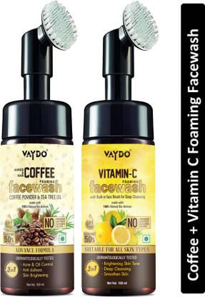 vaydo Coffee + Vitamin C Foaming  with Built-In Face Brush for Deep Cleansing – Brightening & smoothen Skin, Deep Cleansing, Anti Pollution Face wash No Parabens, Sulphate, Silicones & Color (2 Foaming Face wash) Face Wash