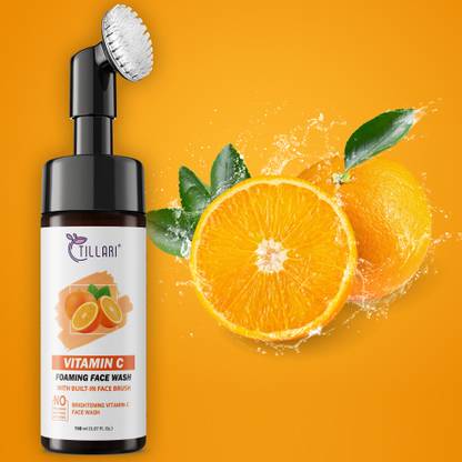 tillari Brightening Vitamin C Foaming  with Built-In Face Brush for Deep Cleansing - No Parabens, Sulphate, Silicones & Color,(for Women and Men) Face Wash
