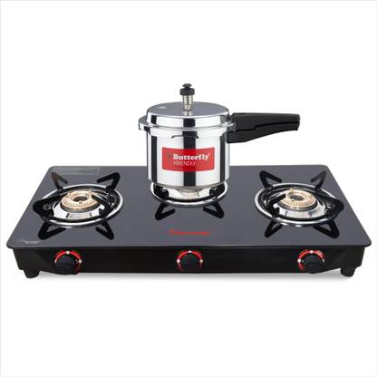 Butterfly RAPID TOP STOVE + 3 LTR ALUMINIUM PRESSURE COOKER NON IB Glass Manual Gas Stove